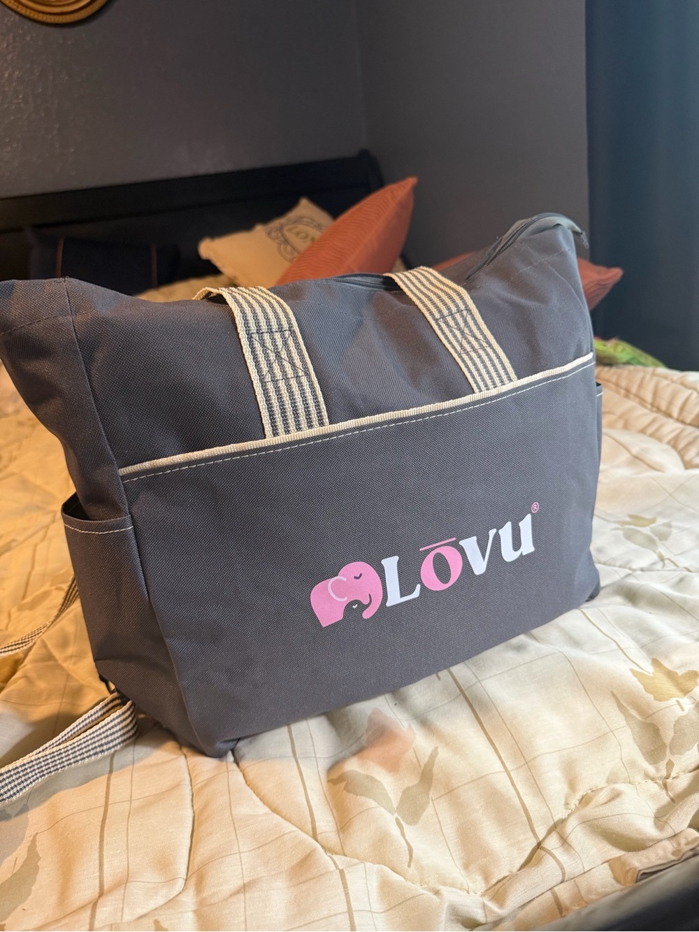 Gray Baby Diaper Backpack/Tote Bag with Pink Logo